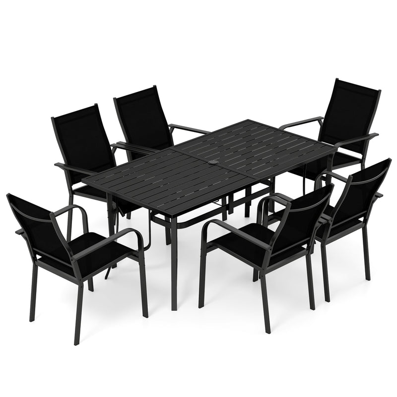 Costway - 7-Piece Patio Dining Set for 6 with Rectangle Metal Table and Stackable Breathable Mesh Armchairs-Black