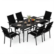 Costway - 7-Piece Patio Dining Set for 6 with Rectangle Metal Table and Stackable Breathable Mesh Armchairs-Black