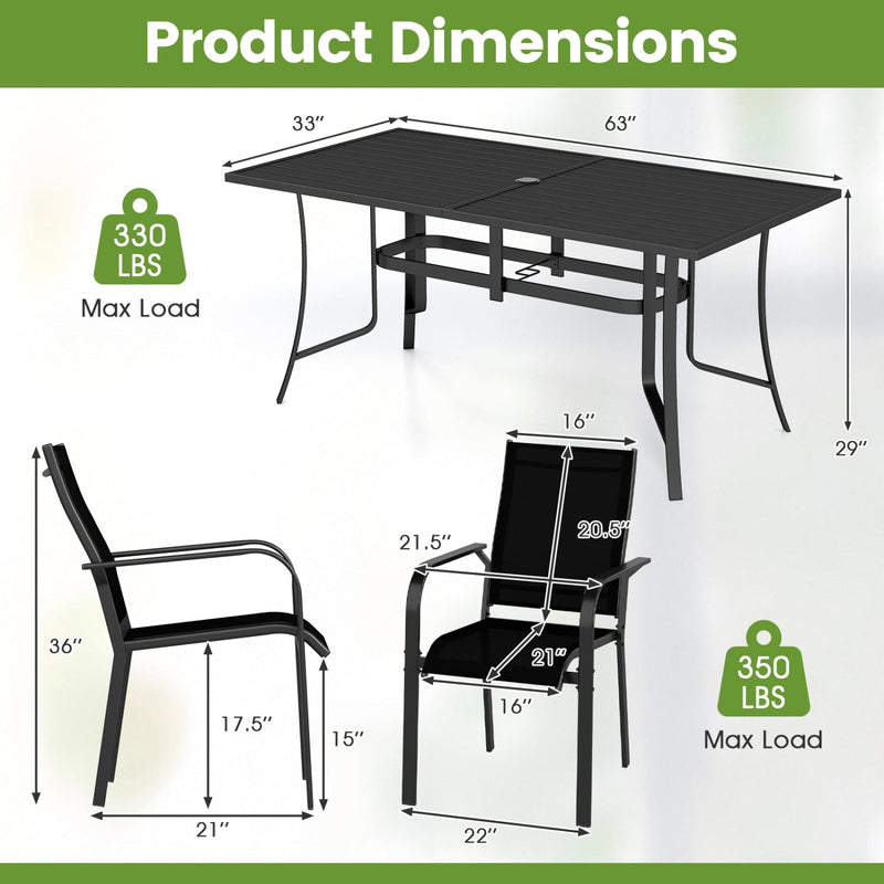 Costway - 7-Piece Patio Dining Set for 6 with Rectangle Metal Table and Stackable Breathable Mesh Armchairs-Black