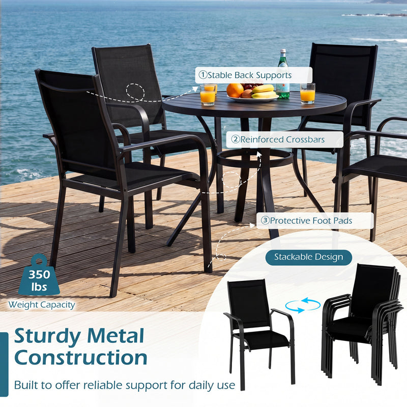 Costway - 7-Piece Patio Dining Set for 6 with Rectangle Metal Table and Stackable Breathable Mesh Armchairs-Black