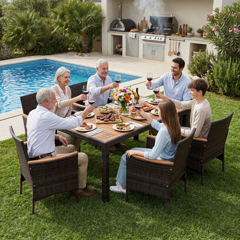 Costway - 7-Piece Patio Dining Set with Wood Tabletop and Padded Cushion for Backyard-Brown