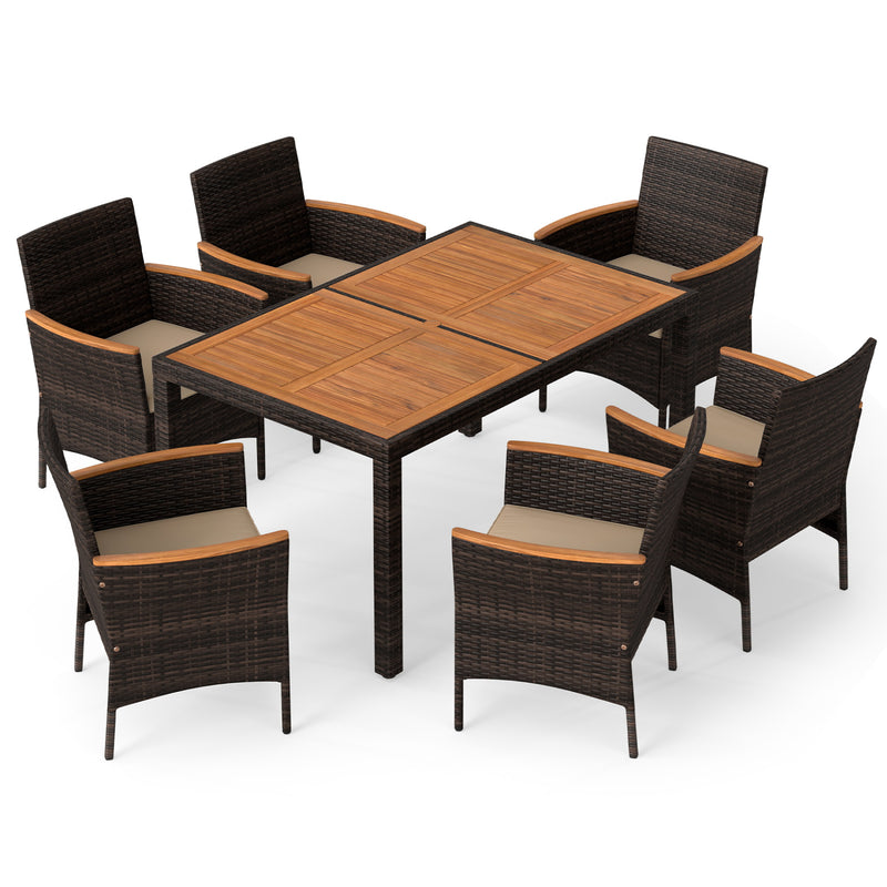 Costway - 7-Piece Patio Dining Set with Wood Tabletop and Padded Cushion for Backyard-Brown