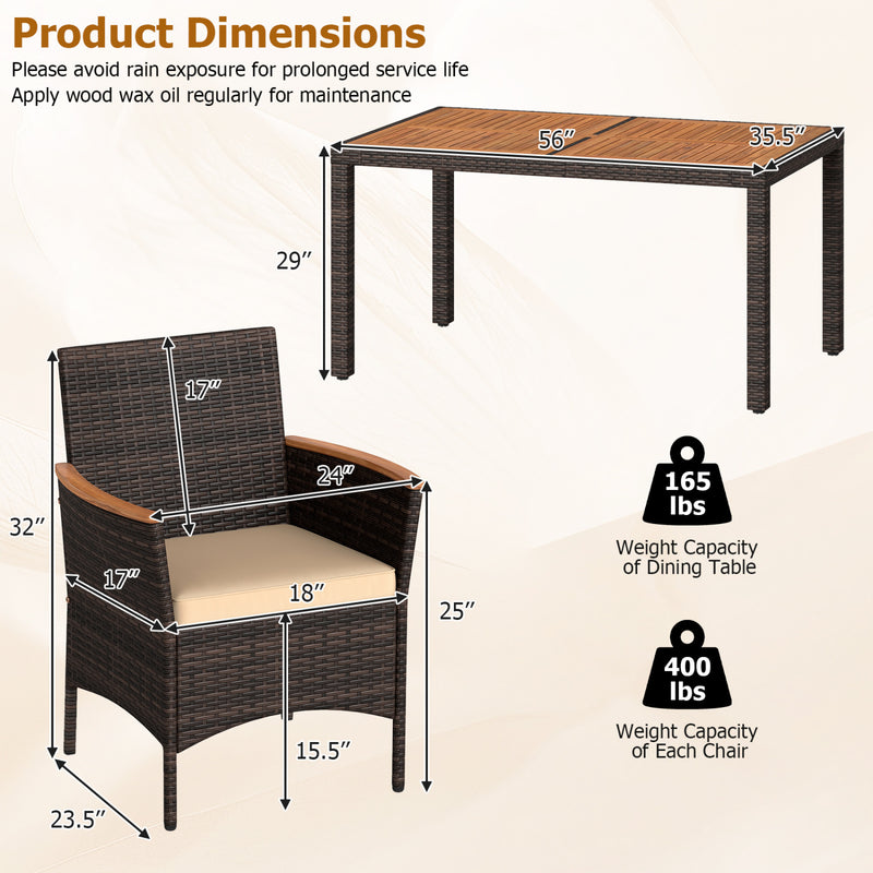 Costway - 7-Piece Patio Dining Set with Wood Tabletop and Padded Cushion for Backyard-Brown