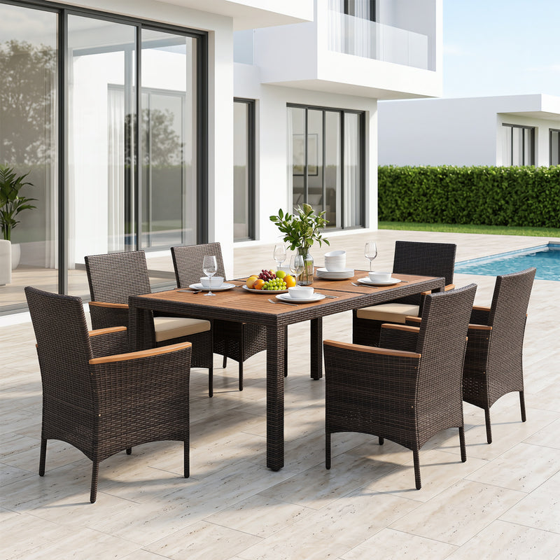 Costway - 7-Piece Patio Dining Set with Wood Tabletop and Padded Cushion for Backyard-Brown