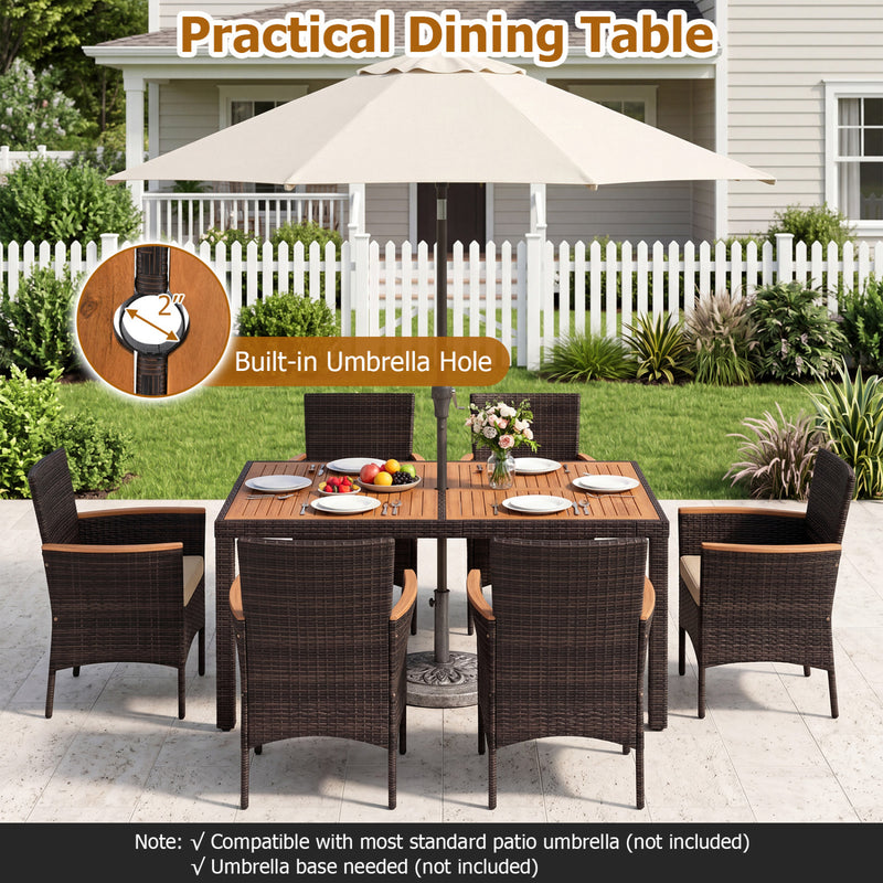 Costway - 7-Piece Patio Dining Set with Wood Tabletop and Padded Cushion for Backyard-Brown