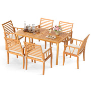 Costway - 7 Pieces Acacia Wood Patio Dining Set with 1.97 Inch Umbrella Hole and Padded Cushions