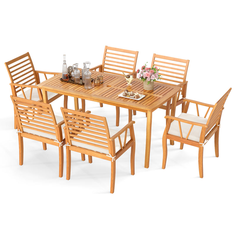 Costway - 7 Pieces Acacia Wood Patio Dining Set with 1.97 Inch Umbrella Hole and Padded Cushions