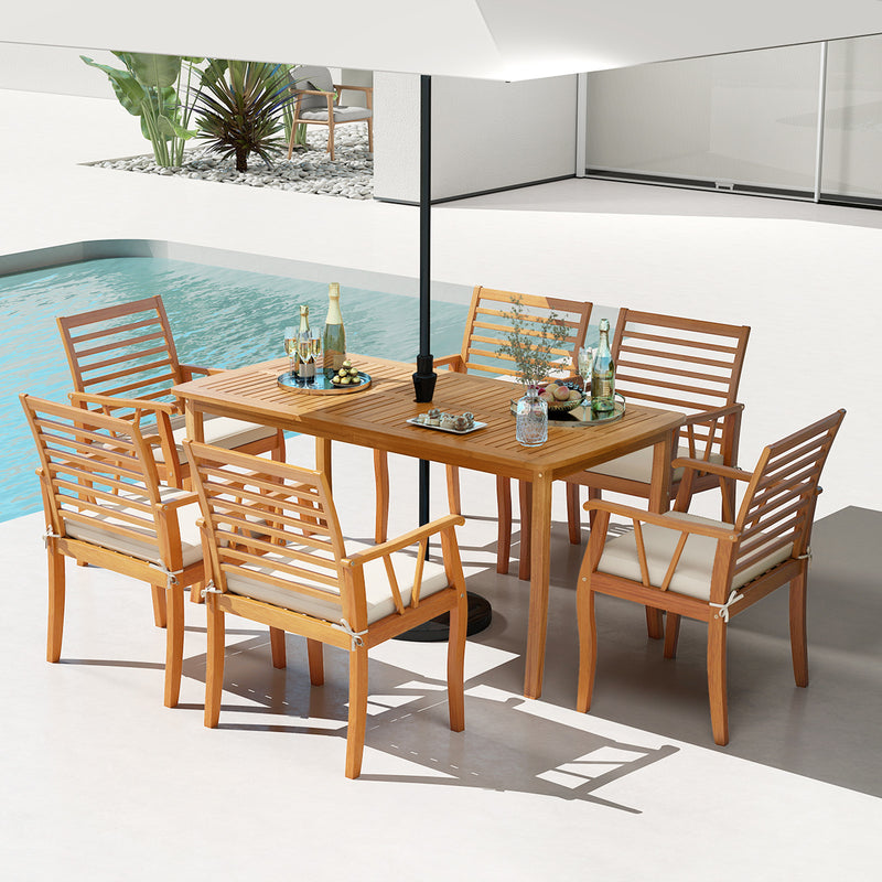 Costway - 7 Pieces Acacia Wood Patio Dining Set with 1.97 Inch Umbrella Hole and Padded Cushions