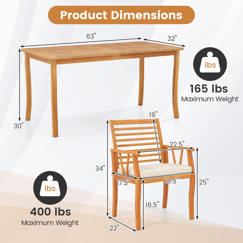 Costway - 7 Pieces Acacia Wood Patio Dining Set with 1.97 Inch Umbrella Hole and Padded Cushions