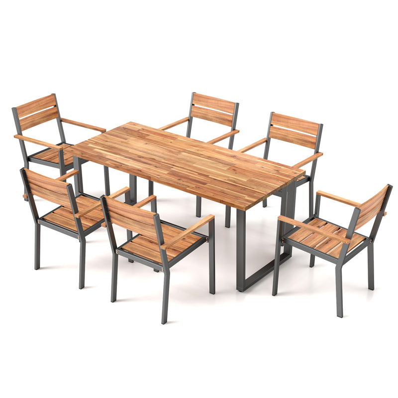 Costway - 7 Pieces Acacia Wood Patio Dining Set with Metal Frame and 2 Inches Umbrella Hole