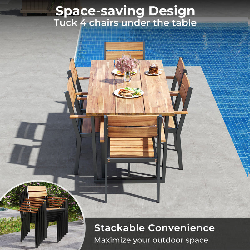 Costway - 7 Pieces Acacia Wood Patio Dining Set with Metal Frame and 2 Inches Umbrella Hole