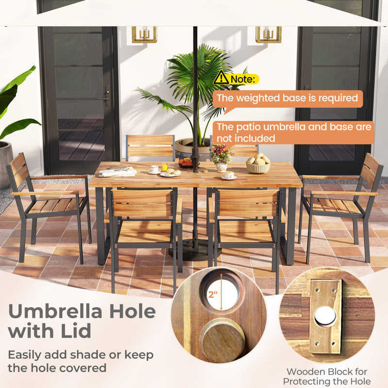 Costway - 7 Pieces Acacia Wood Patio Dining Set with Metal Frame and 2 Inches Umbrella Hole