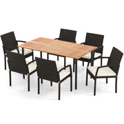 Costway - 7 Pieces Outdoor Dining Set Acacia Wood Table with Umbrella Hole and Cushions-White