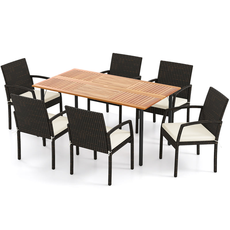Costway - 7 Pieces Outdoor Dining Set Acacia Wood Table with Umbrella Hole and Cushions-White