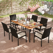 Costway - 7 Pieces Outdoor Dining Set Acacia Wood Table with Umbrella Hole and Cushions-White