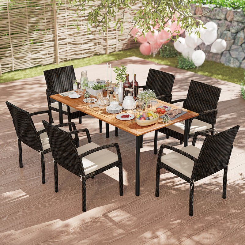 Costway - 7 Pieces Outdoor Dining Set Acacia Wood Table with Umbrella Hole and Cushions-White