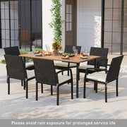 Costway - 7 Pieces Outdoor Dining Set Acacia Wood Table with Umbrella Hole and Cushions-White