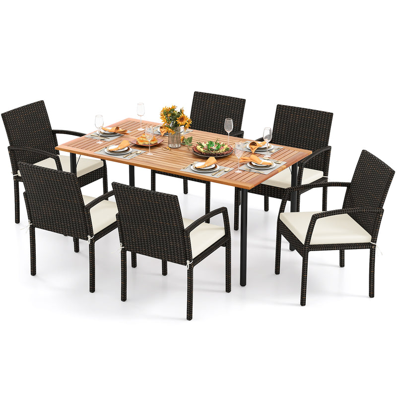 Costway - 7 Pieces Outdoor Dining Set Acacia Wood Table with Umbrella Hole and Cushions-White