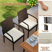 Costway - 7 Pieces Outdoor Dining Set Acacia Wood Table with Umbrella Hole and Cushions-White