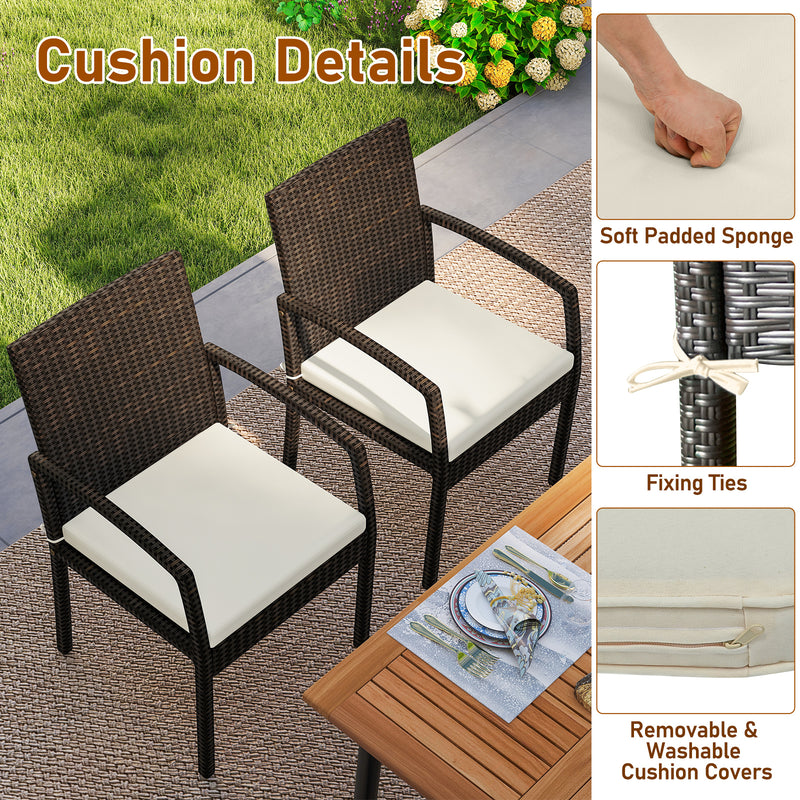 Costway - 7 Pieces Outdoor Dining Set Acacia Wood Table with Umbrella Hole and Cushions-White