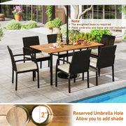 Costway - 7 Pieces Outdoor Dining Set Acacia Wood Table with Umbrella Hole and Cushions-White