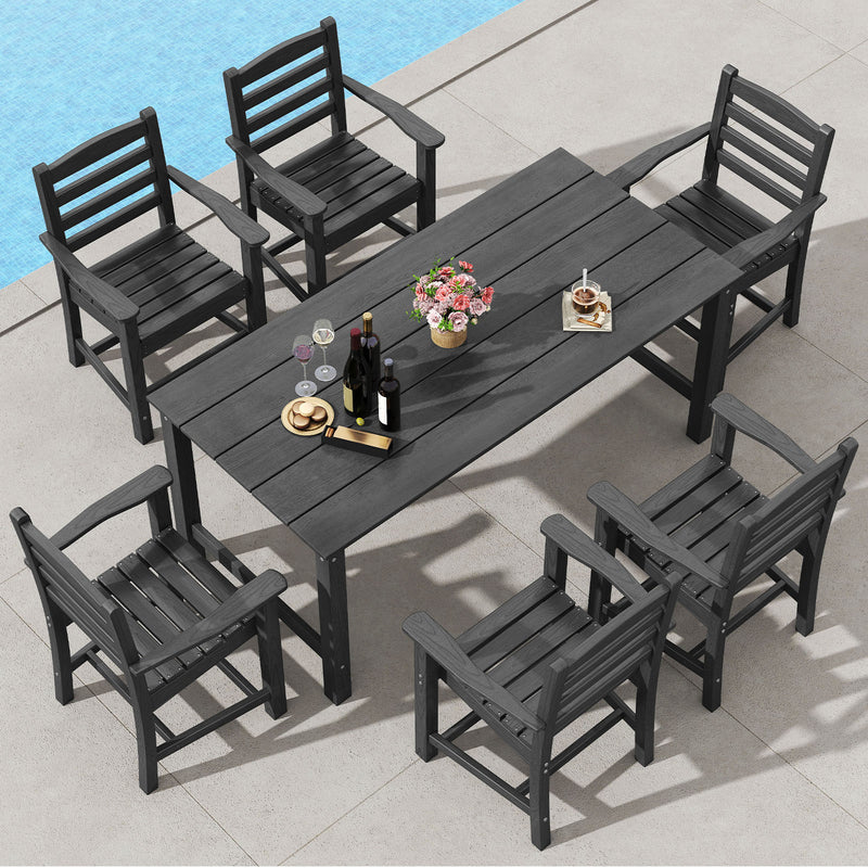 Costway - 7 Pieces Outdoor Dining Table Set for 6 People 67 Inch HDPE Patio Rectangle Table and 6 Armchairs-Black
