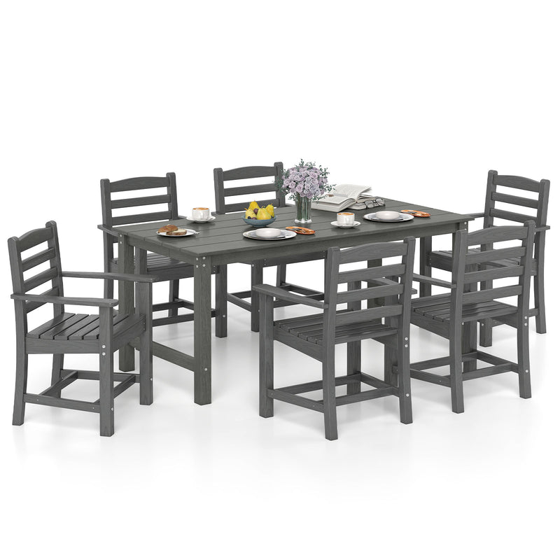 Costway - 7 Pieces Outdoor Dining Table Set for 6 People 67 Inch HDPE Patio Rectangle Table and 6 Armchairs-Gray