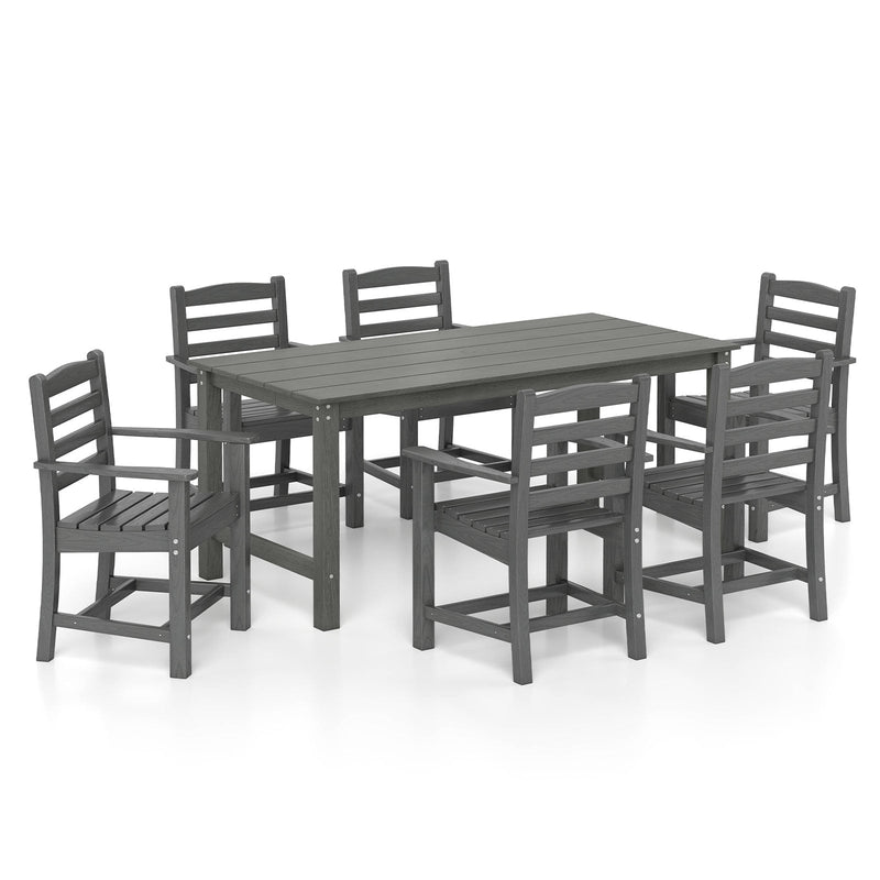 Costway - 7 Pieces Outdoor Dining Table Set for 6 People 67 Inch HDPE Patio Rectangle Table and 6 Armchairs-Gray