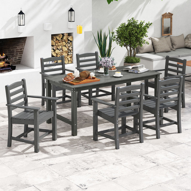 Costway - 7 Pieces Outdoor Dining Table Set for 6 People 67 Inch HDPE Patio Rectangle Table and 6 Armchairs-Gray