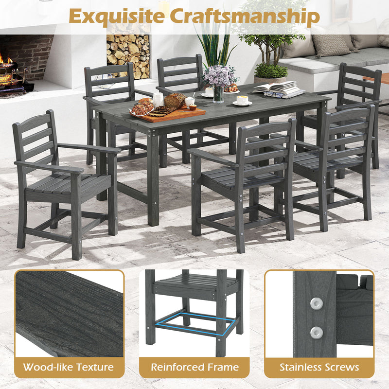 Costway - 7 Pieces Outdoor Dining Table Set for 6 People 67 Inch HDPE Patio Rectangle Table and 6 Armchairs-Gray