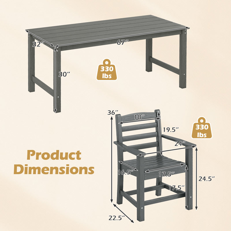 Costway - 7 Pieces Outdoor Dining Table Set for 6 People 67 Inch HDPE Patio Rectangle Table and 6 Armchairs-Gray