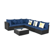 Costway - 7-Piece Outdoor Sectional Wicker Patio Sofa Set with Tempered Glass Top-Navy