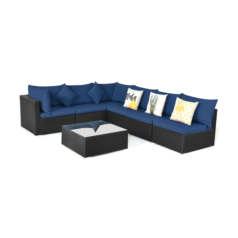 Costway - 7-Piece Outdoor Sectional Wicker Patio Sofa Set with Tempered Glass Top-Navy