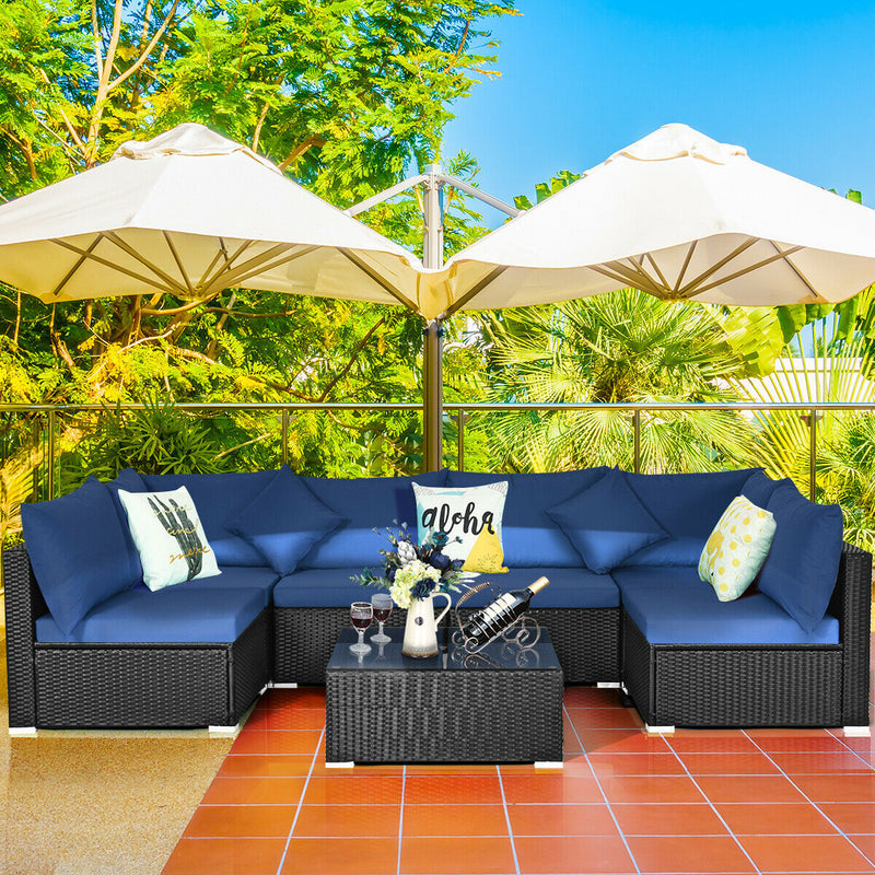 Costway - 7-Piece Outdoor Sectional Wicker Patio Sofa Set with Tempered Glass Top-Navy