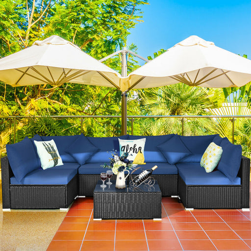 Costway - 7-Piece Outdoor Sectional Wicker Patio Sofa Set with Tempered Glass Top-Navy
