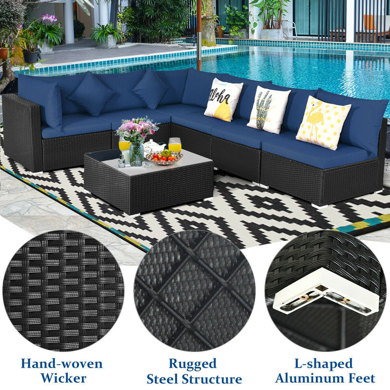 Costway - 7-Piece Outdoor Sectional Wicker Patio Sofa Set with Tempered Glass Top-Navy