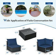 Costway - 7-Piece Outdoor Sectional Wicker Patio Sofa Set with Tempered Glass Top-Navy