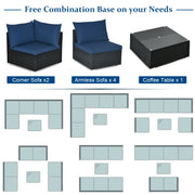 Costway - 7-Piece Outdoor Sectional Wicker Patio Sofa Set with Tempered Glass Top-Navy