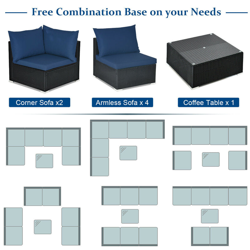 Costway - 7-Piece Outdoor Sectional Wicker Patio Sofa Set with Tempered Glass Top-Navy