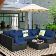 Costway - 7-Piece Outdoor Sectional Wicker Patio Sofa Set with Tempered Glass Top-Navy