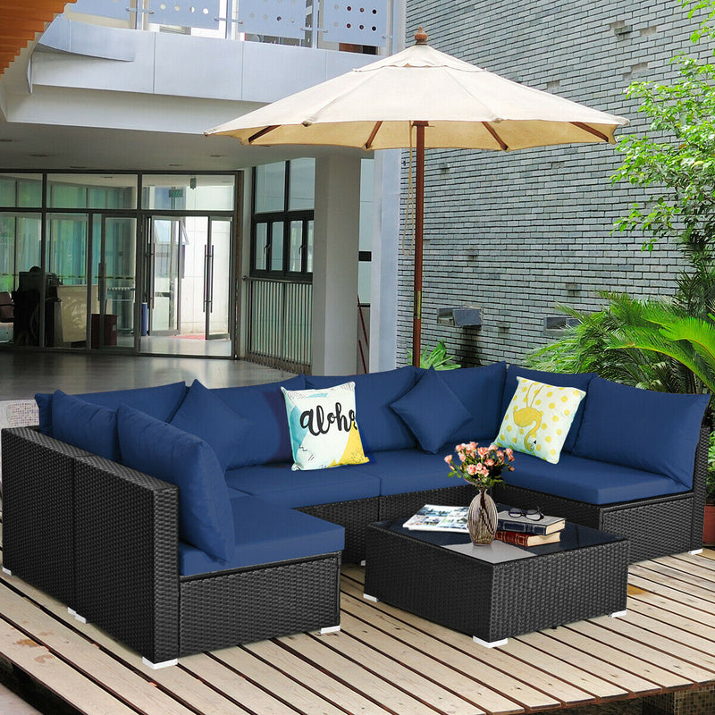 Costway - 7-Piece Outdoor Sectional Wicker Patio Sofa Set with Tempered Glass Top-Navy