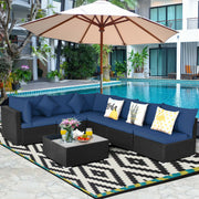 Costway - 7-Piece Outdoor Sectional Wicker Patio Sofa Set with Tempered Glass Top-Navy