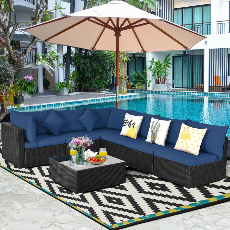 Costway - 7-Piece Outdoor Sectional Wicker Patio Sofa Set with Tempered Glass Top-Navy