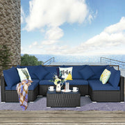 Costway - 7-Piece Outdoor Sectional Wicker Patio Sofa Set with Tempered Glass Top-Navy
