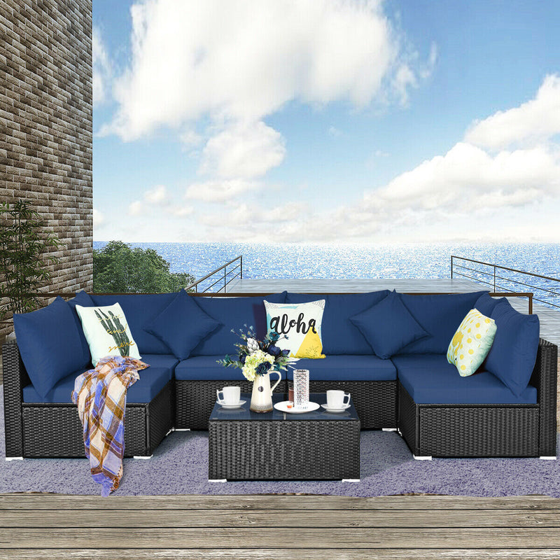 Costway - 7-Piece Outdoor Sectional Wicker Patio Sofa Set with Tempered Glass Top-Navy