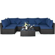 Costway - 7-Piece Outdoor Sectional Wicker Patio Sofa Set with Tempered Glass Top-Navy