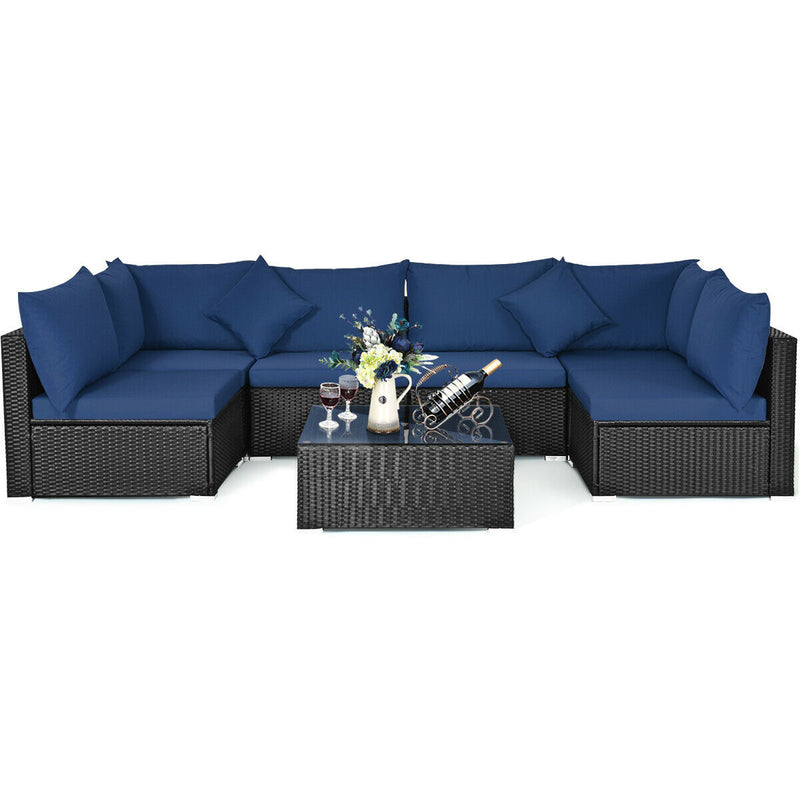 Costway - 7-Piece Outdoor Sectional Wicker Patio Sofa Set with Tempered Glass Top-Navy
