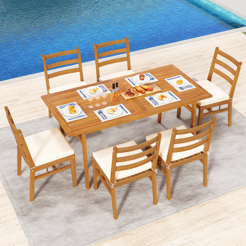 Costway - 7 Pieces Patio Acacia Wood Dining Set Outdoor Rectangular Table and Chairs Set