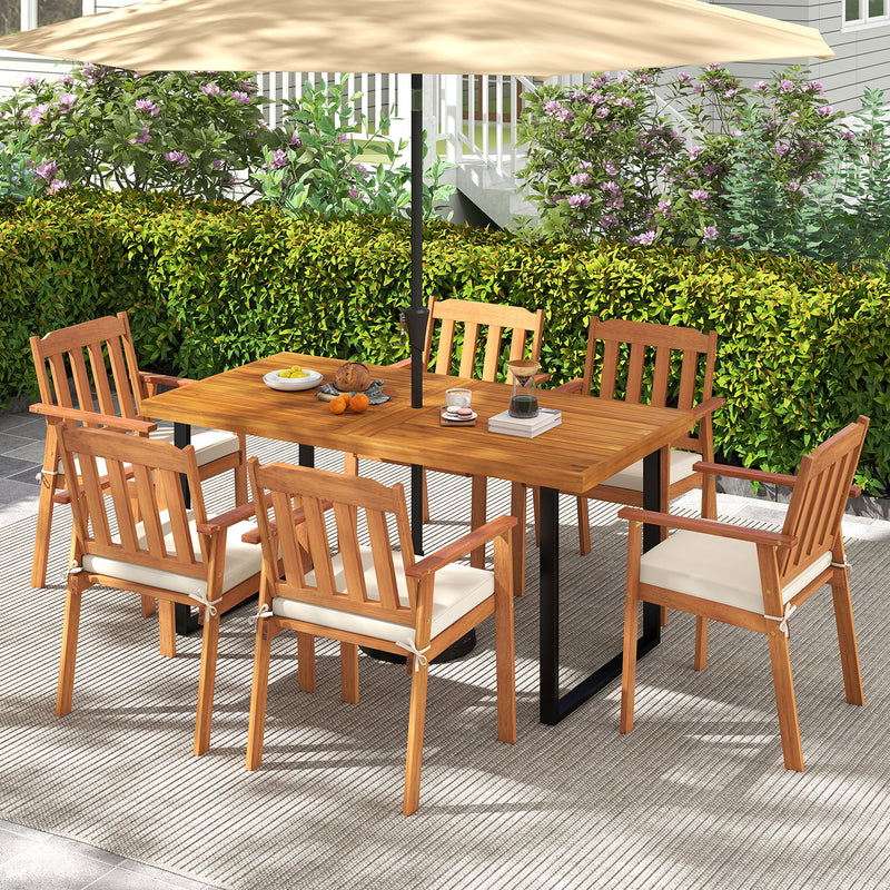 Costway - 7 Pieces Patio Dining Table Set 63” Rectangle Table and 6 Acacia Wood Armchairs
