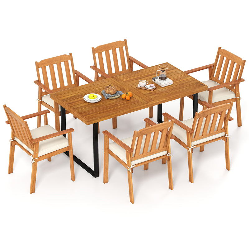 Costway - 7 Pieces Patio Dining Table Set 63” Rectangle Table and 6 Acacia Wood Armchairs